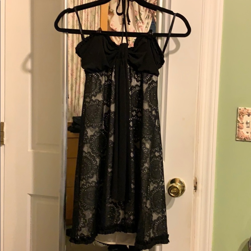 Short Black Dress with Lace Overlay